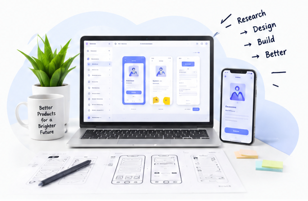 Product design workspace with laptop, phone and wireframe sketches