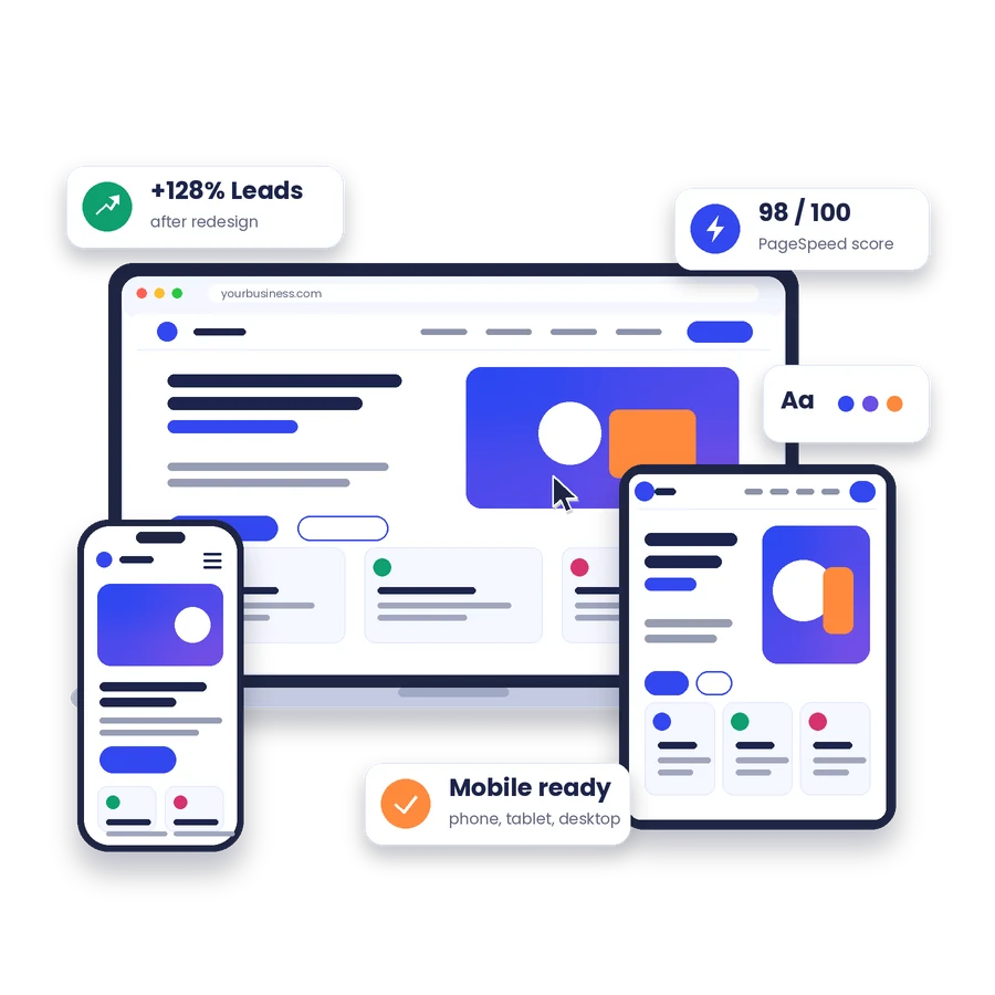 Website design agency mockup showing responsive website layouts on laptop, tablet and phone